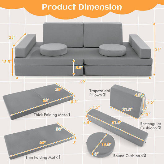 10-Piece Kids Play Couch Sofa with Portable Handle-Blue